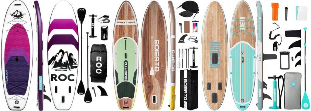 Comparison of beginner-friendly paddle boards displayed side by side